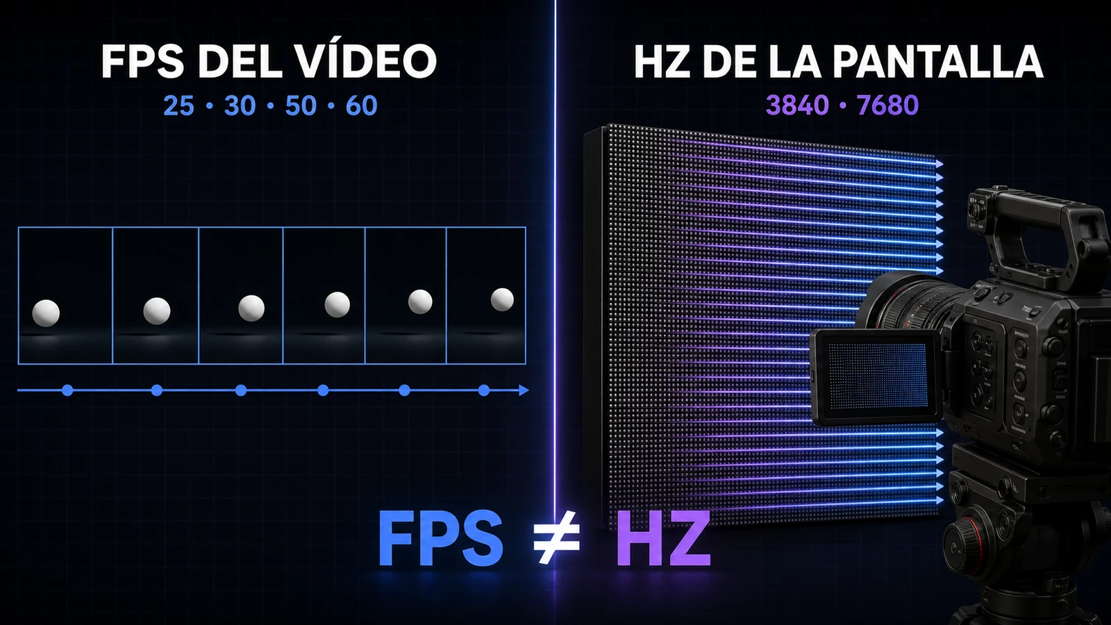 Infografía que diferencia los FPS de la cámara y el vídeo de los hercios de refresco de una pantalla LED