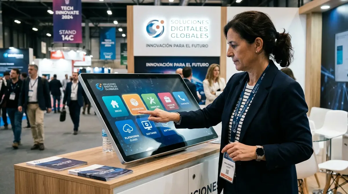 Pantalla táctil interactiva instalada en un stand de feria profesional