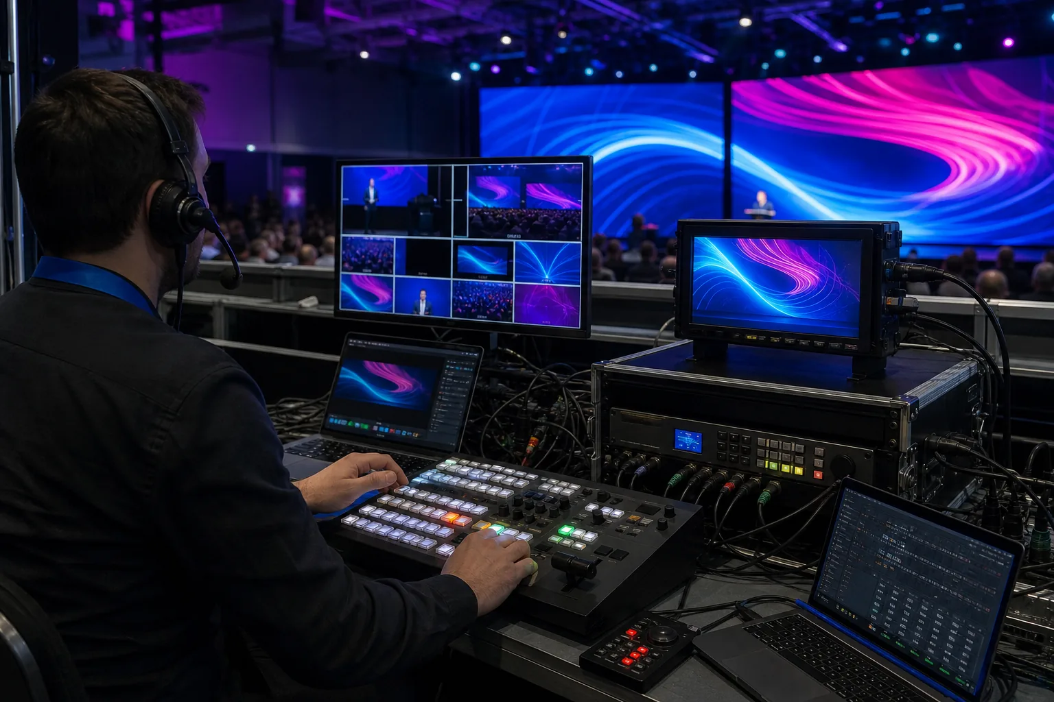Técnico operando la realización de vídeo y el procesador de una pantalla LED durante un evento
