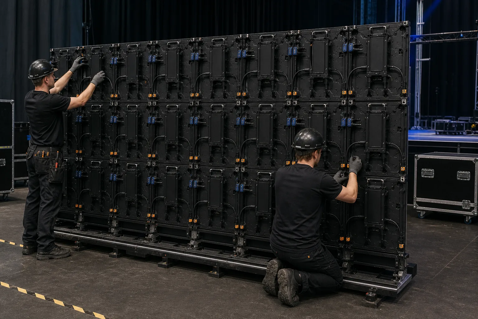 Técnicos comprobando cierres, cableado y alineación en la parte trasera de una pantalla LED modular
