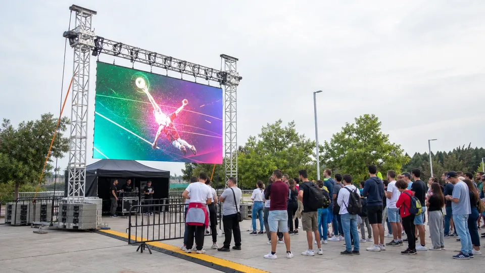 Alquiler de pantallas gigantes para eventos en Madrid Pantalla LED gigante instalada para una fan zone con público en Madrid