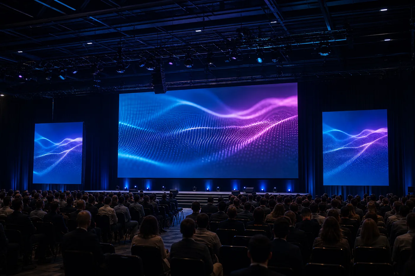 Pantallas LED auxiliares para mejorar la visibilidad en grandes eventos Escenario de gran aforo con pantalla LED central y dos pantallas auxiliares